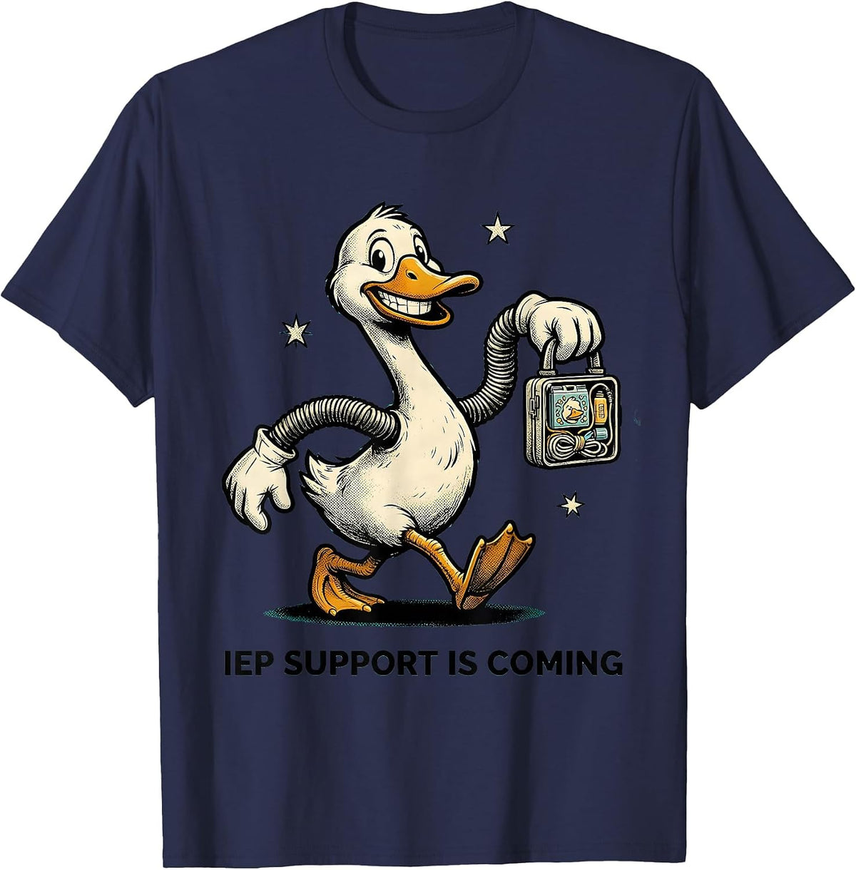 IEP Support Is Coming Retro Cartoon Silly Goose SPED Teacher T-Shirt - Navy Blue