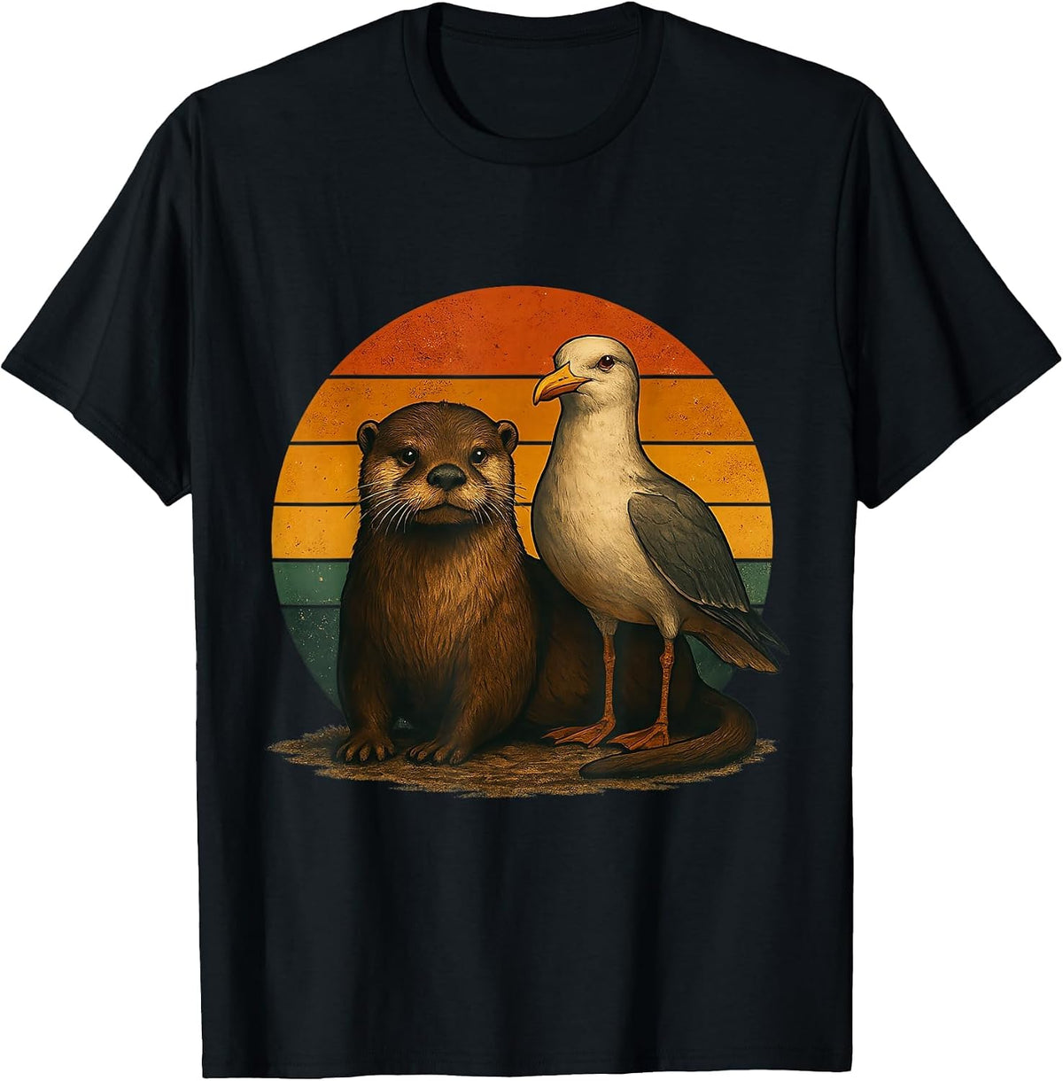 Otter Seagull Retro Animal Friends T-Shirt - Black