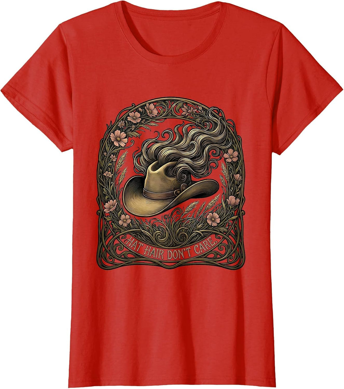 Hat Hair Don't Care Cowboy Design T-Shirt - Red