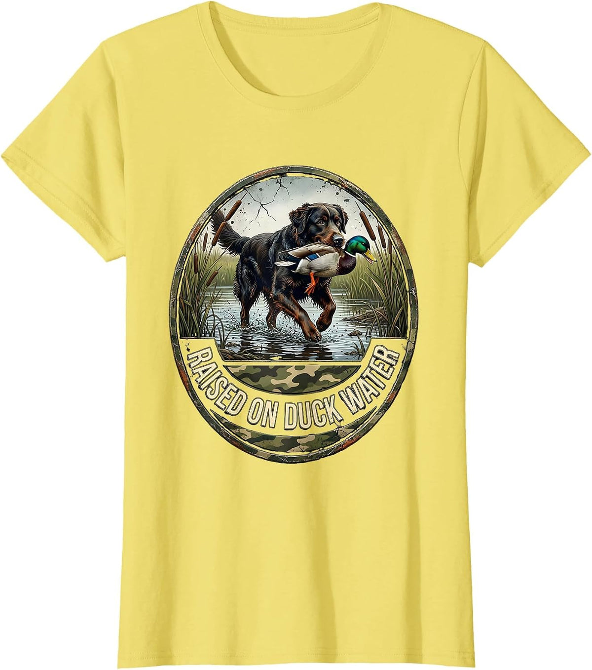 Raised On Duck Water Distressed Hunting Dog Waterfowl Pride T-Shirt - Lemon Yellow