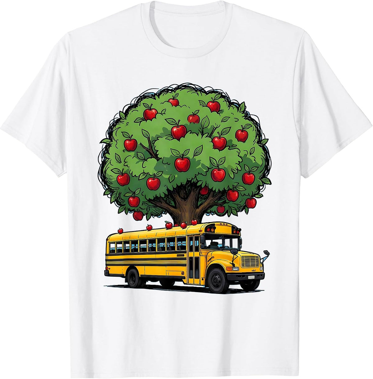 Men's Elementary Teacher Apple Tree School Bus Graphic T-Shirt - White
