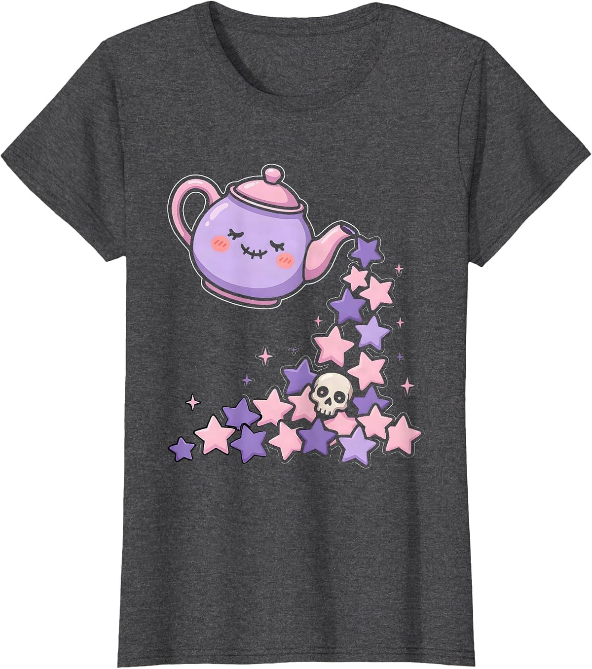Women's Teapot Pouring Falling Stars Magical Illustration T-Shirt - Dark Heather Grey