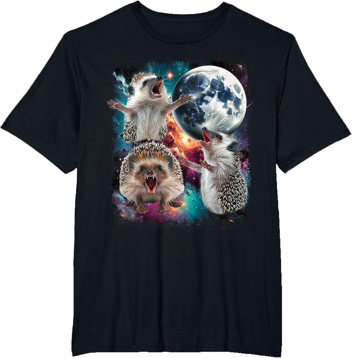 Three Hedgehog Moon | 3 Hedgehog Moon Funny Cursed Meme T-Shirt - Black