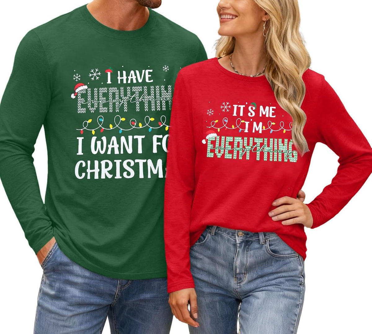 Couples Long Sleeve Christmas Shirts Funny His and Hers Xmas Tshirt - B-green(men)
