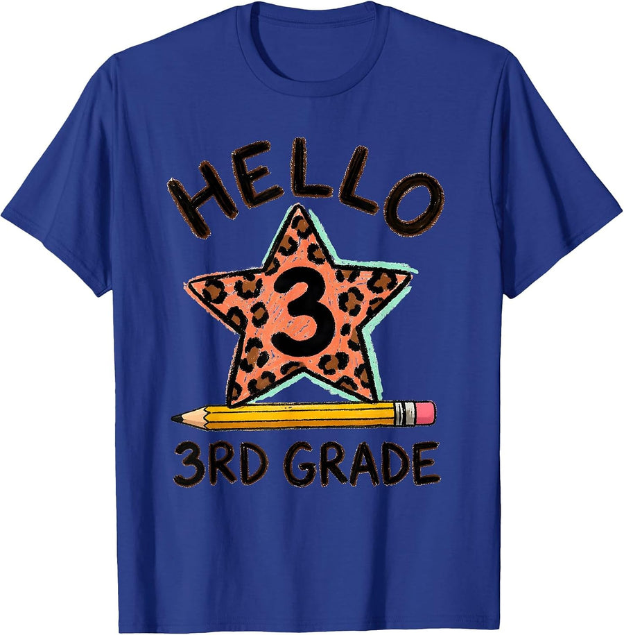 Hello 3rd Grade Kids Girl Teacher Back To School Leopard T-Shirt - Royal Blue
