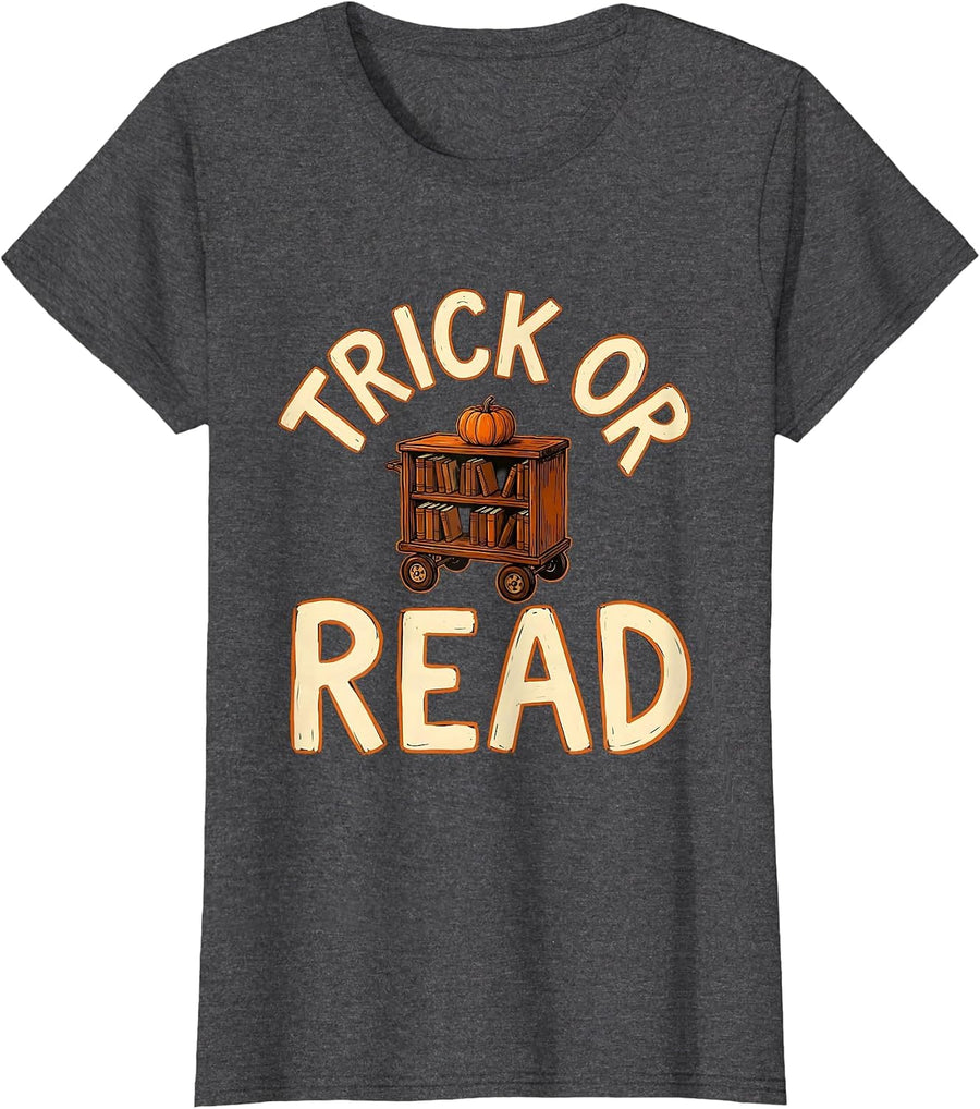 Women's Trick Or Read Funny Librarian Teacher Halloween T-Shirt - Dark Heather Grey