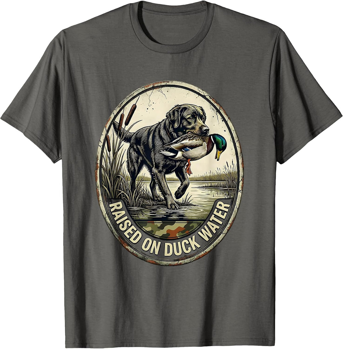 Men's Raised On Duck Water Distressed Hunting Dog Waterfowl Pride T-Shirt - Asphalt Grey