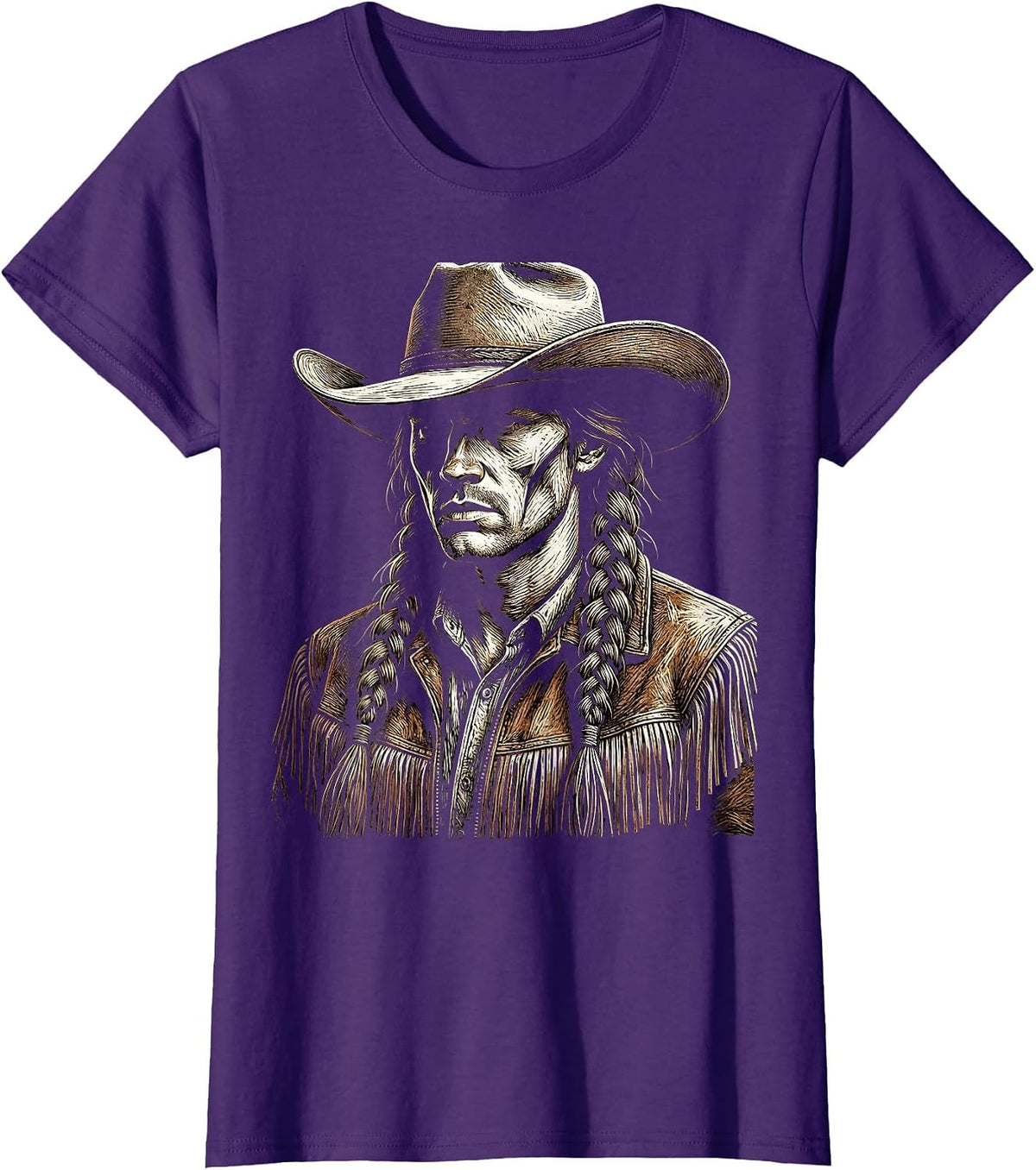 Women's White Cowgirl Braided Hair Fringe Jacket Illustration T-Shirt - Purple