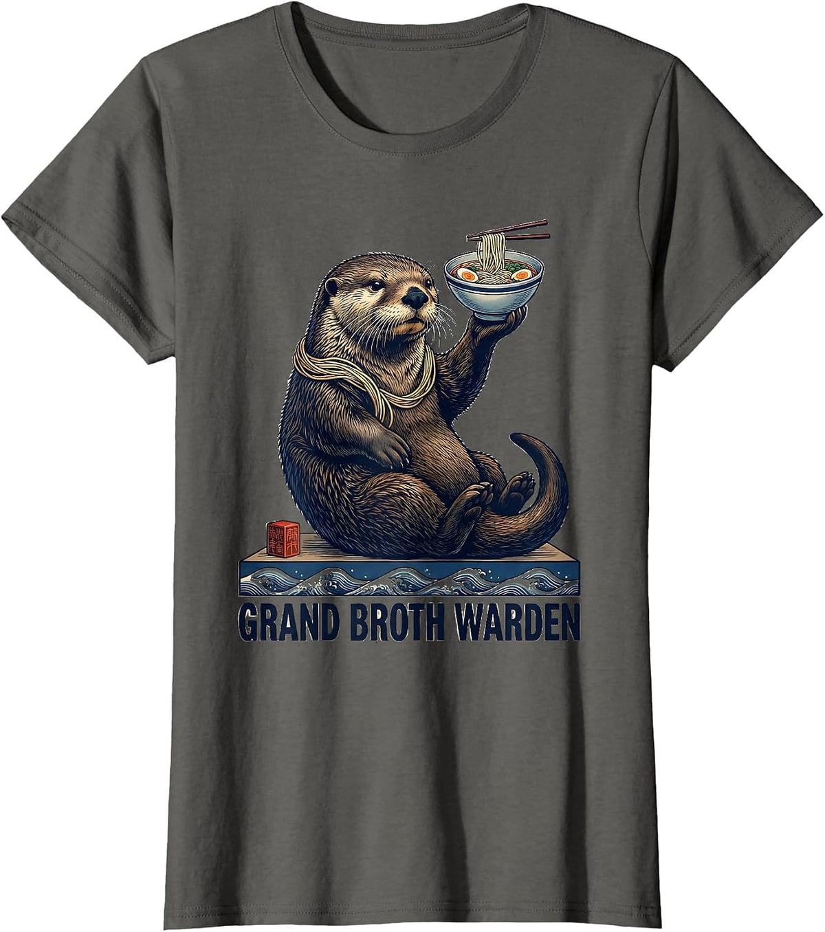 Women's Grand Broth Warden Ukiyo-e Cute Sea Otter Ramen Anime Gift T-Shirt - Asphalt Grey