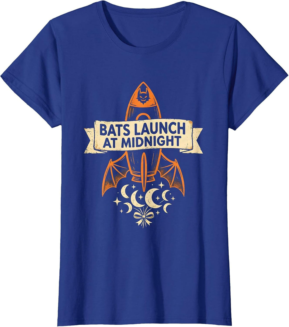Women's Bats Launch At Midnight Halloween Space Design T-Shirt - Royal Blue