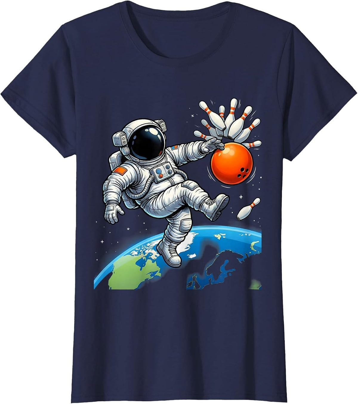 Women's Astronaut Bowling in Zero Gravity Space Design T-Shirt - Navy Blue