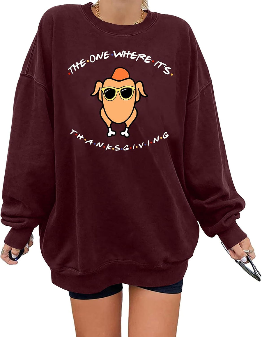 Thanksgiving Sweatshirt Women Friends Turkey T-Shirt: Friendsgiving Long Sleeve Turkey Giving Pullover Tops - Winered