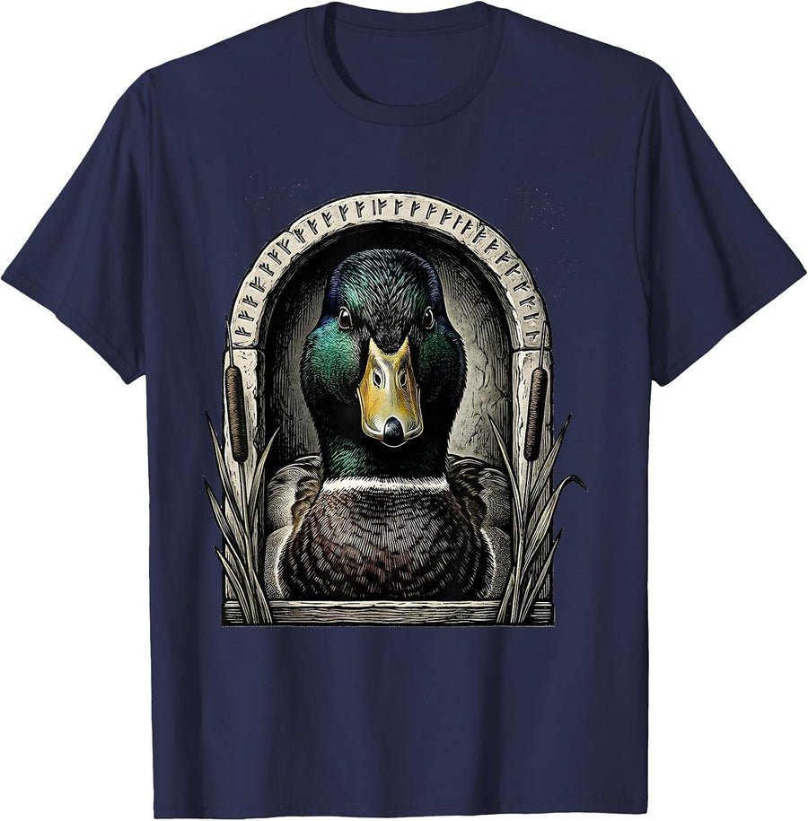 Mallard Drake Bust Duck Hunting Camo Wildlife Engraving T-Shirt - Navy Blue