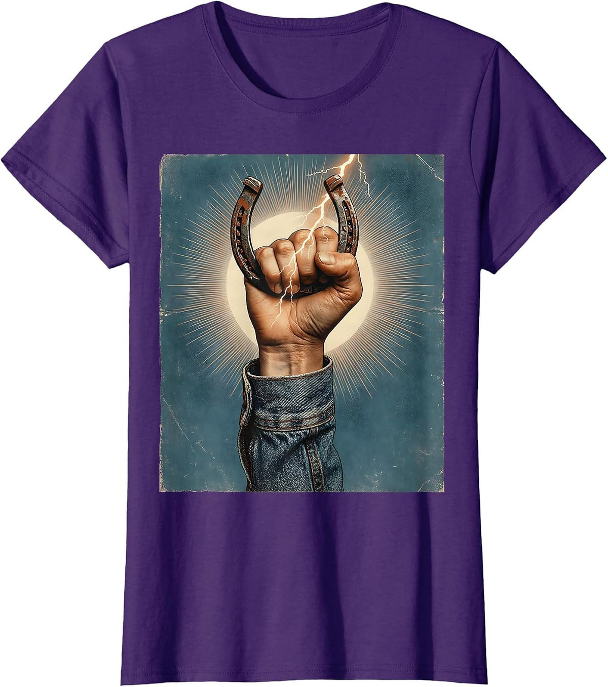 Women's Denim Cowgirl Horseshoe Lightning Bolt Graphic T-Shirt - Purple