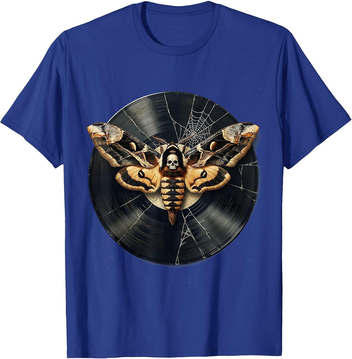 Grunge Moth on Cracked Vinyl Record Illustration T-Shirt - Royal Blue