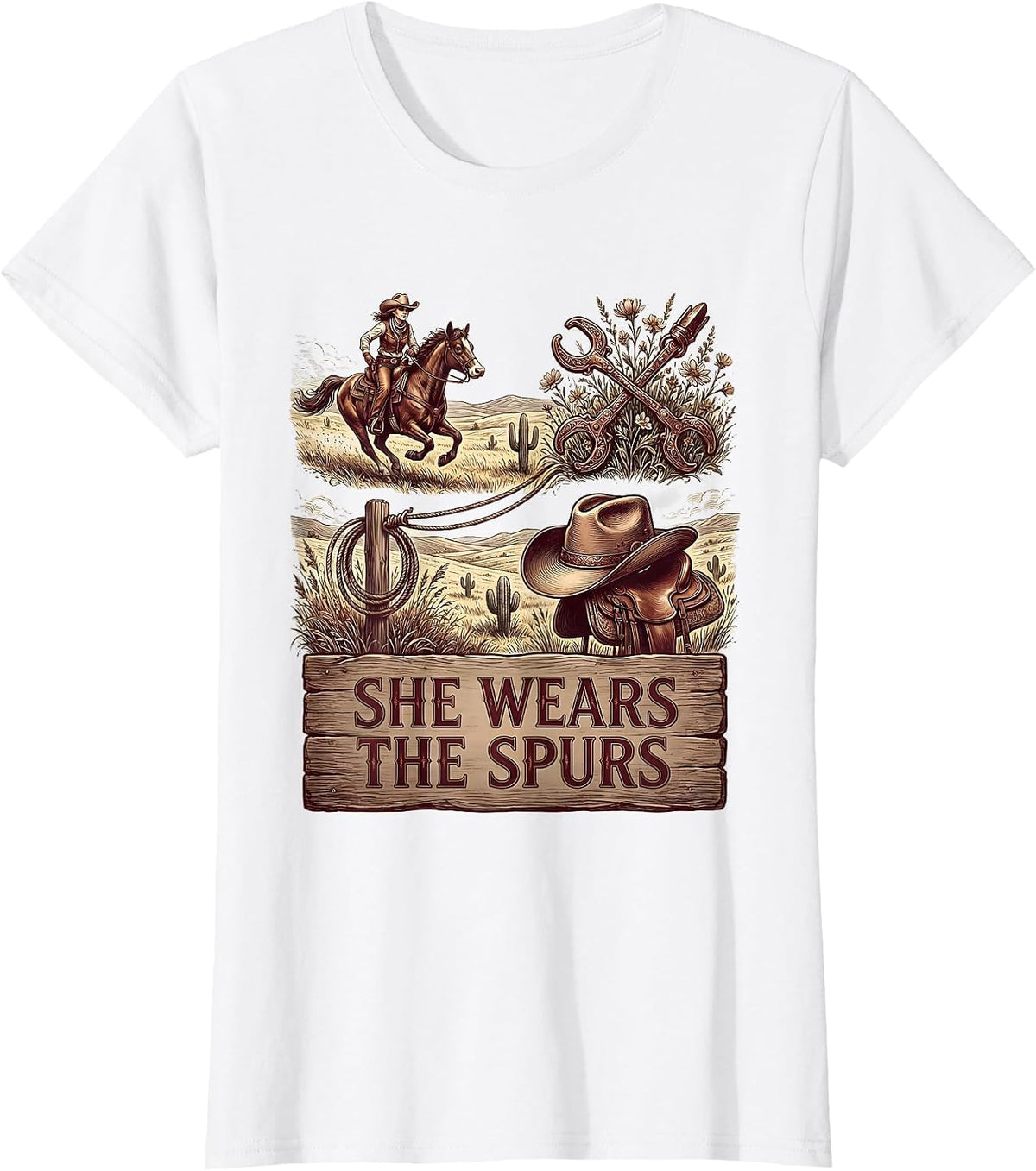 Women's She Wears The Spurs Cowgirl Graphic Design T-Shirt - White