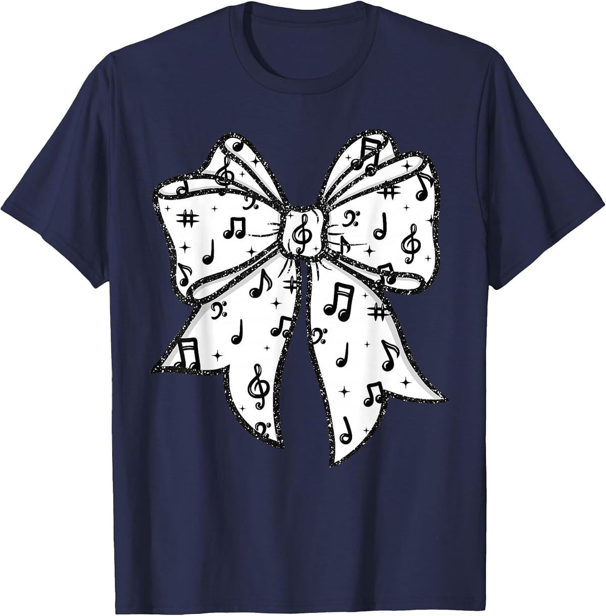 Music Notes Coquette Bow Music Teacher School Musician Band T-Shirt - Navy Blue