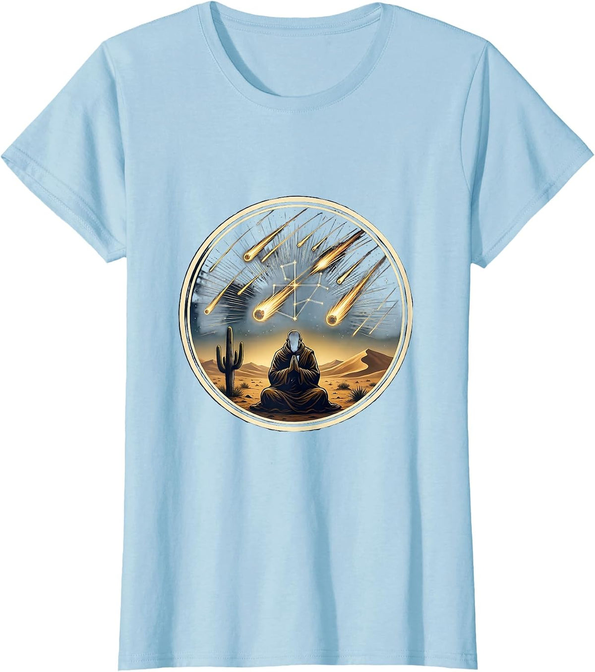 Desert Monk Meteor Shower Night Sky Illustration T-Shirt - Baby Blue