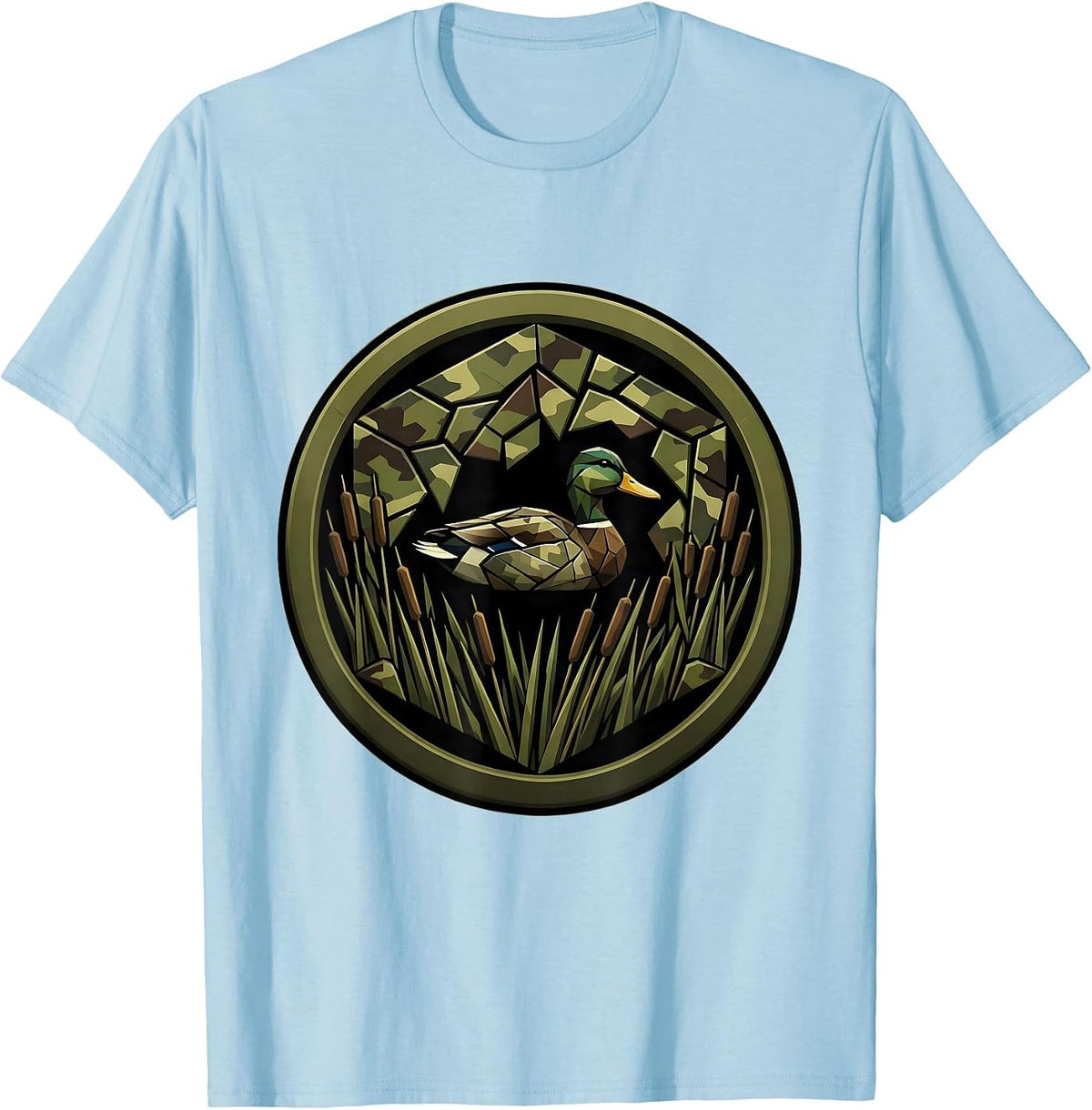 Men's Camo Duck Blind Cattail Marsh Hunting Illustration T-Shirt - Baby Blue