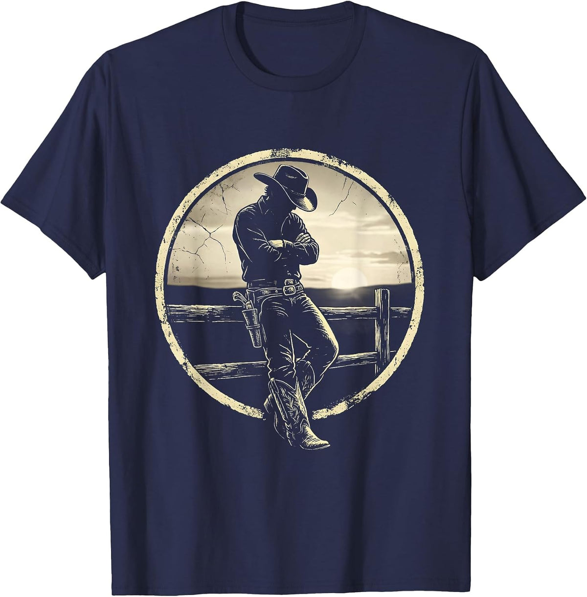 Men's Cowboy at Dusk Leaning on Fence Illustration T-Shirt - Navy Blue