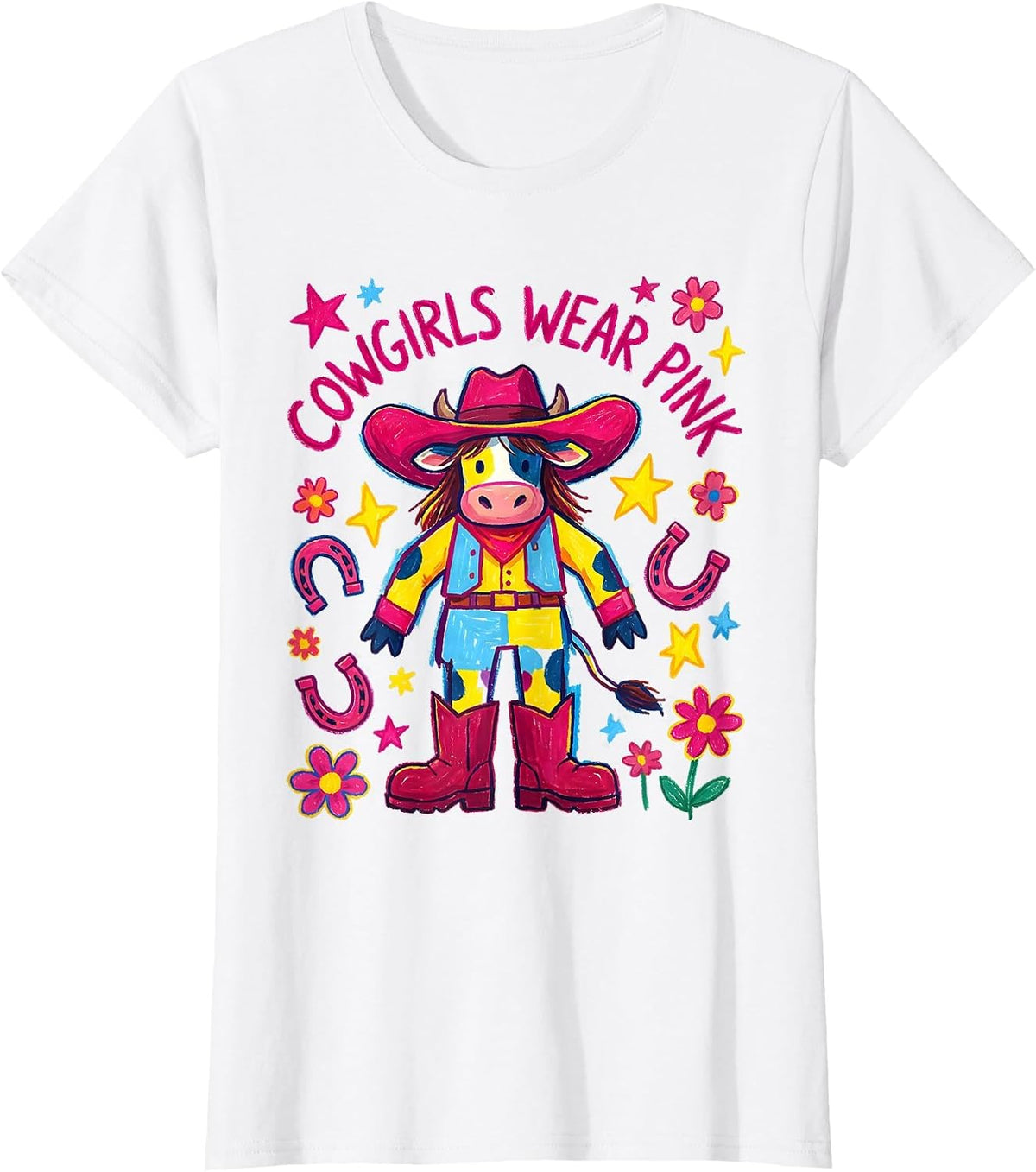 Women's Cowgirls Wear Pink Western Cowgirl Design T-Shirt - White