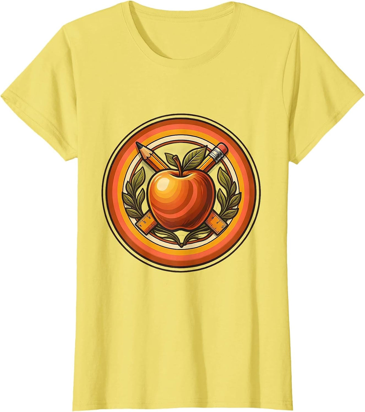 Women's Elementary Teacher Apple Pencil Ruler Graphic T-Shirt - Lemon Yellow