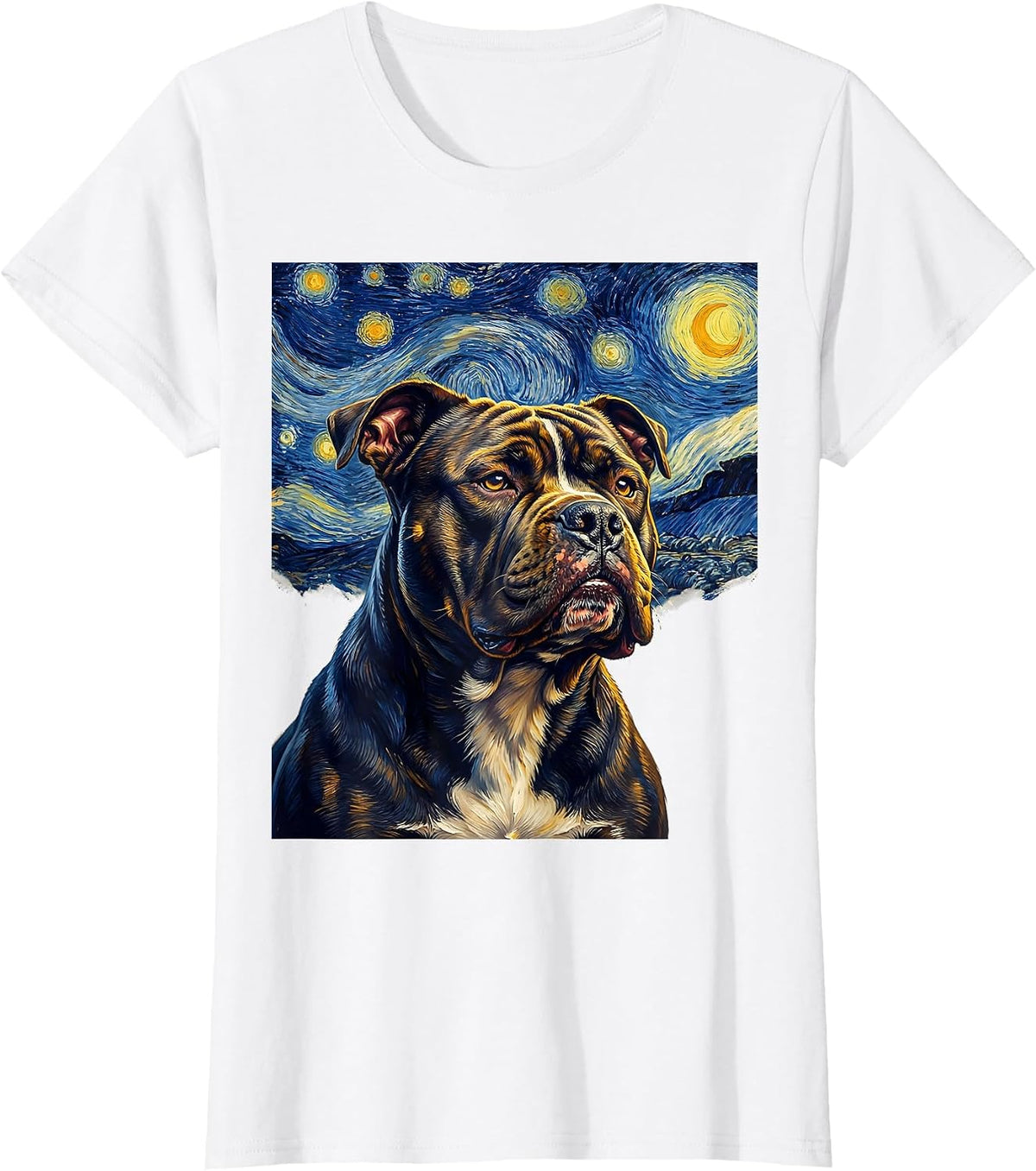Pitbull Van Gogh Style Starry Night Dog Breed Portrait T-Shirt - White