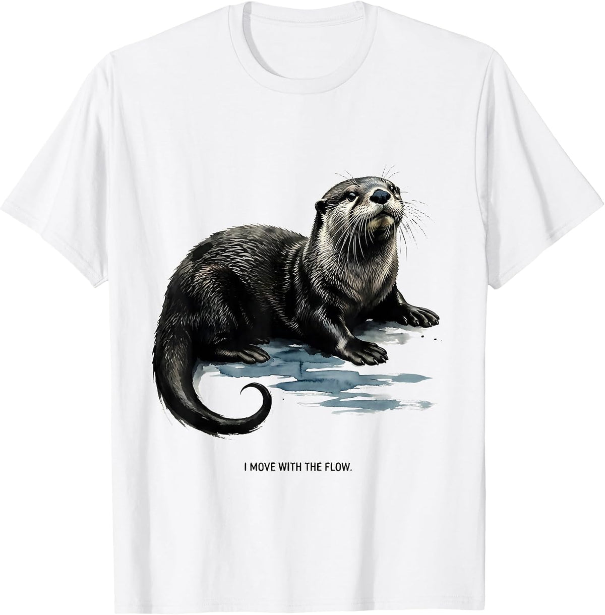 Men's I Move With The Flow Ink Brush Sea Otter Nature Humor T-Shirt - White