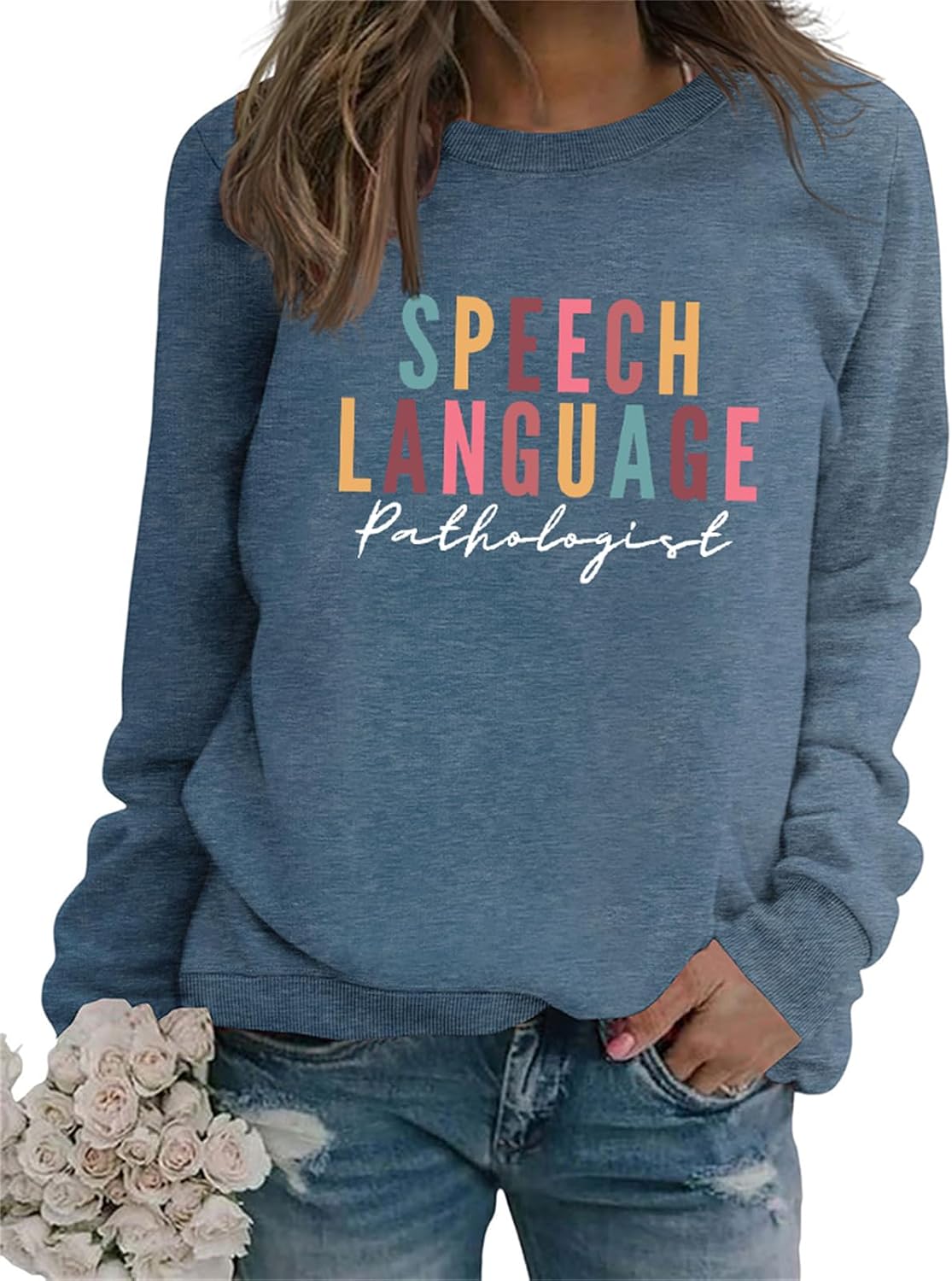 Speech Therapy Sweatshirt Cute Crew Neck Graphic Long Sleeve Shirts for Women SLP Speech Language Pathologist Gifts - Blue