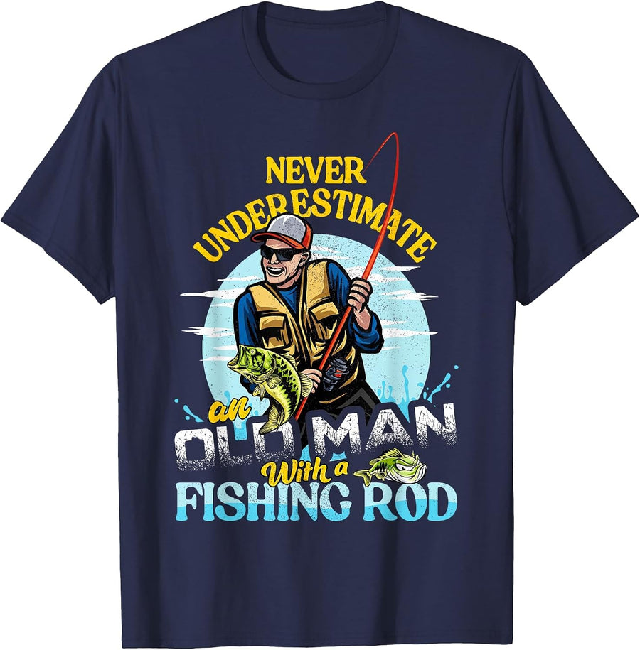 Bass Fishing Birthday Tee Never Underestimate an Old Man T-Shirt - Navy Blue