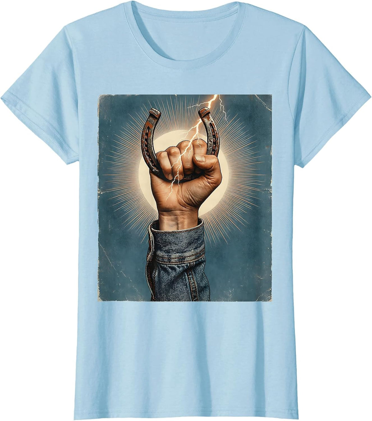 Women's Denim Cowgirl Horseshoe Lightning Bolt Graphic T-Shirt - Baby Blue