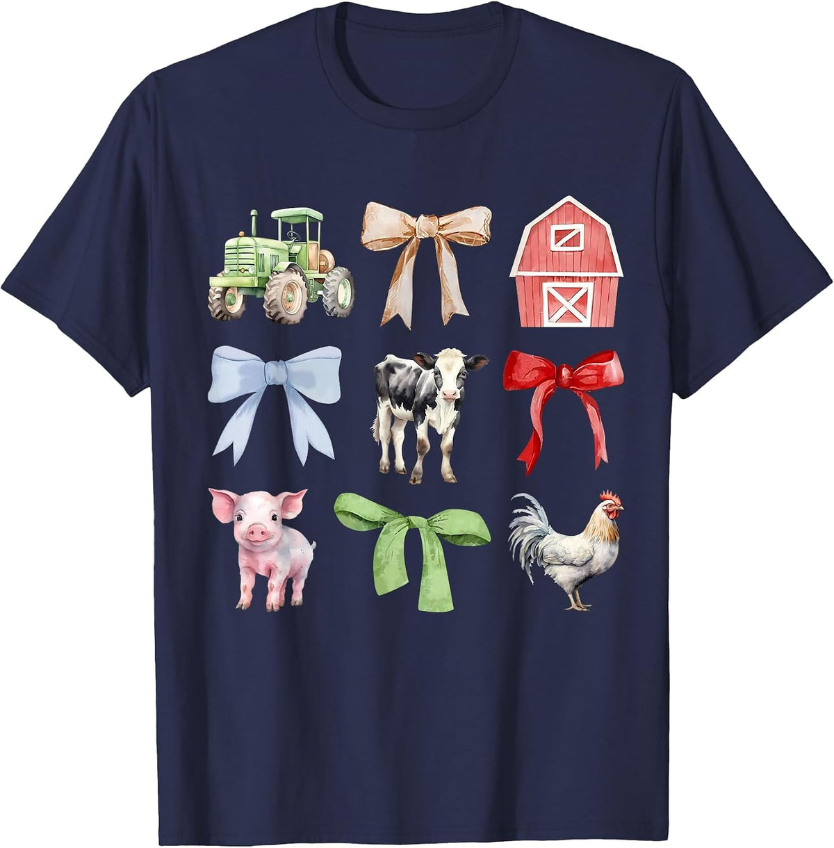 Cute Farm Animals Cow Pig Chicken Coquette Farmer Country T-Shirt - Navy Blue