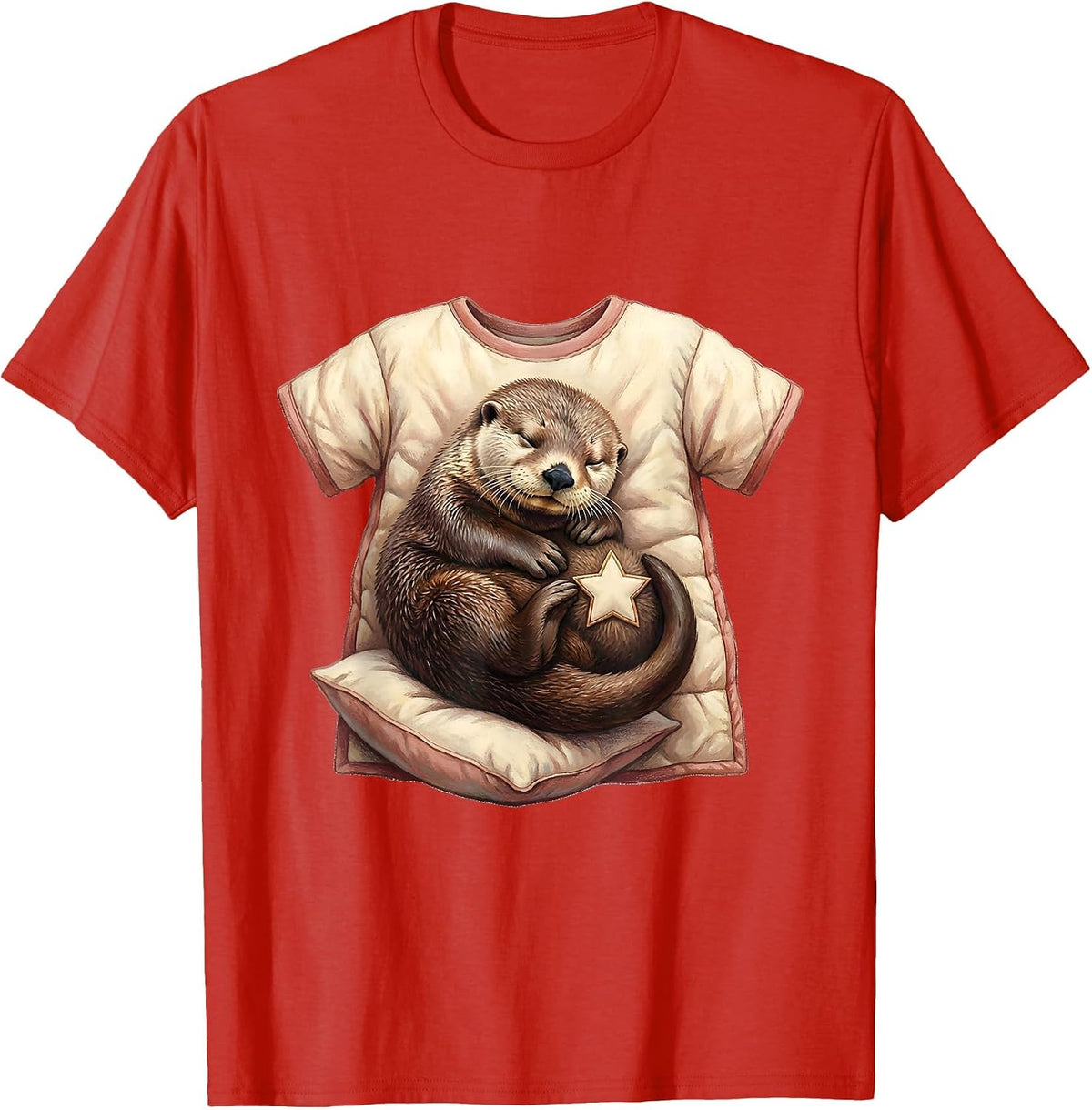 Men's Sleeping Sea Otter Storybook Pajama Animal Lovers T-Shirt - Red