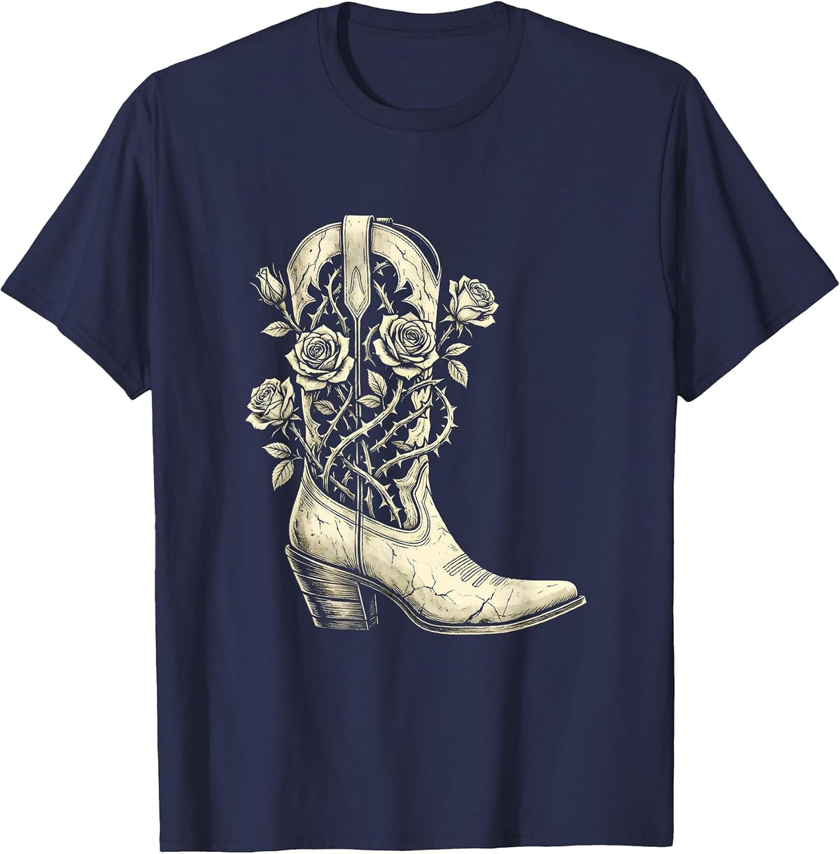 Cowboy Boot Roses and Thorns Western Design T-Shirt - Navy Blue