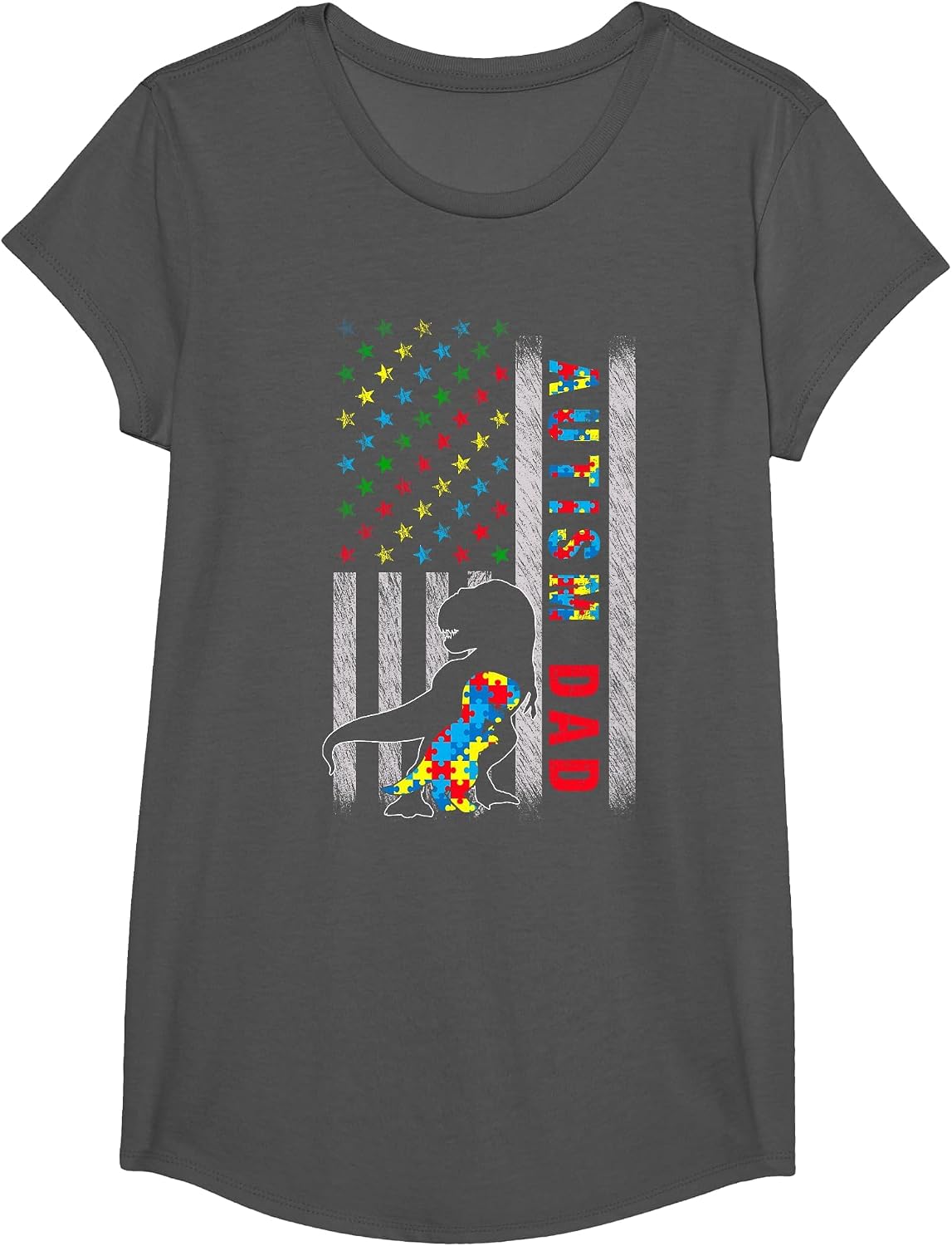 Autism Dad US Flag Dinosaur Autism Awareness T-Shirt - Girls Asphalt Grey