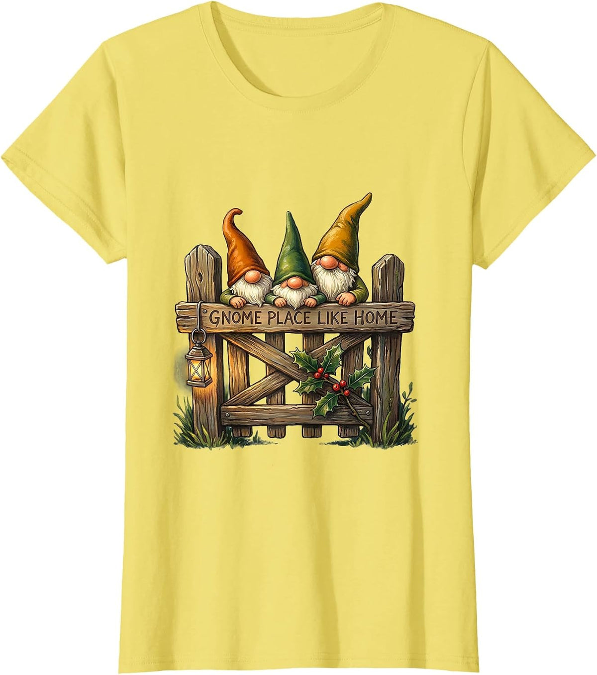 Gnome Place Like Home Funny Garden Gnome Humor Christmas T-Shirt - Lemon Yellow