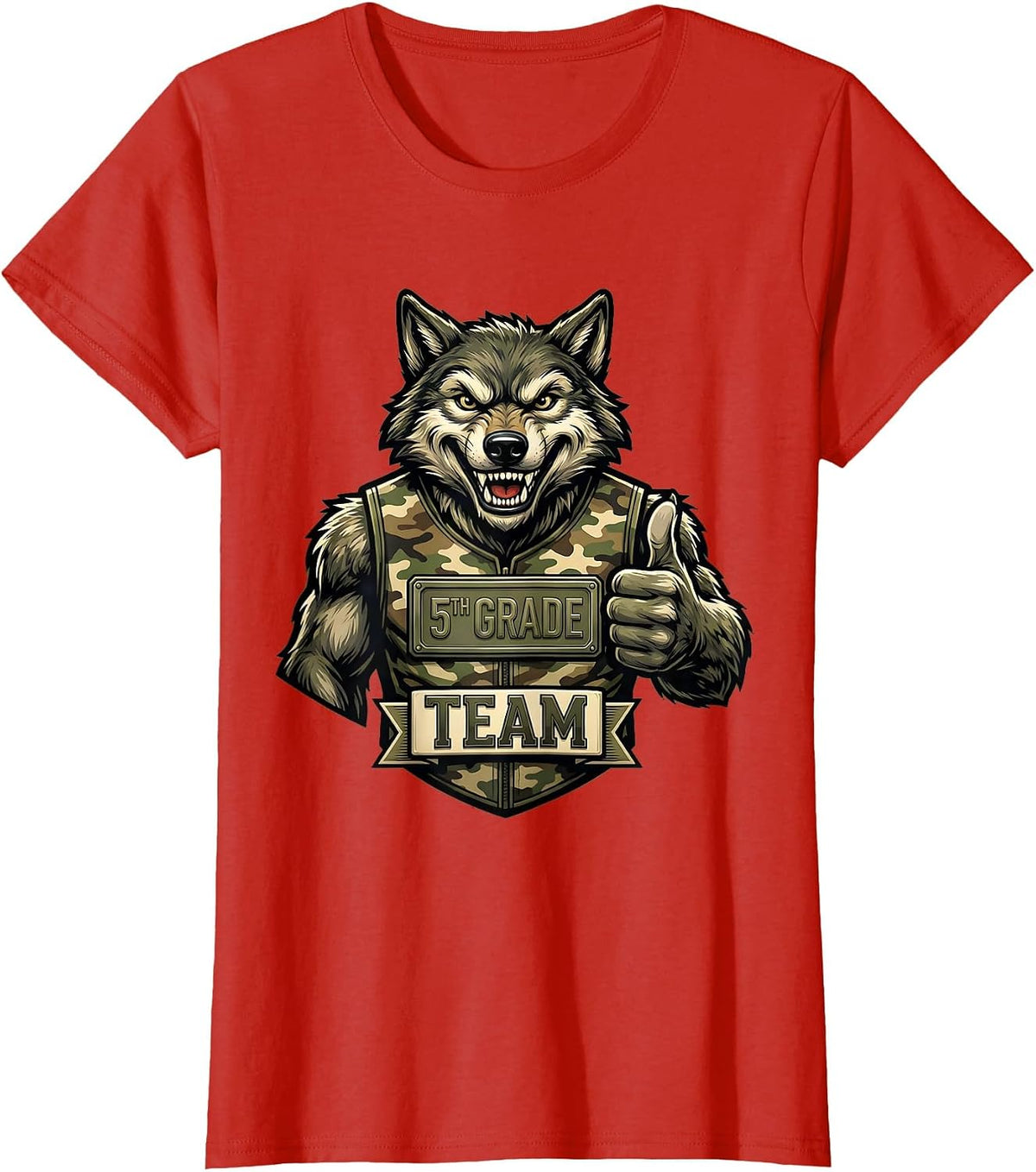Women's 5TH GRADE TEAM Retro Camo Wolf Back To School Boy T-Shirt - Red