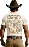 Wild West Shirt Men's & Women Rodeo Western Bull Skull Graphic Short Sleeve Tee Retro Cowboy Desert Landscape Casual Top -