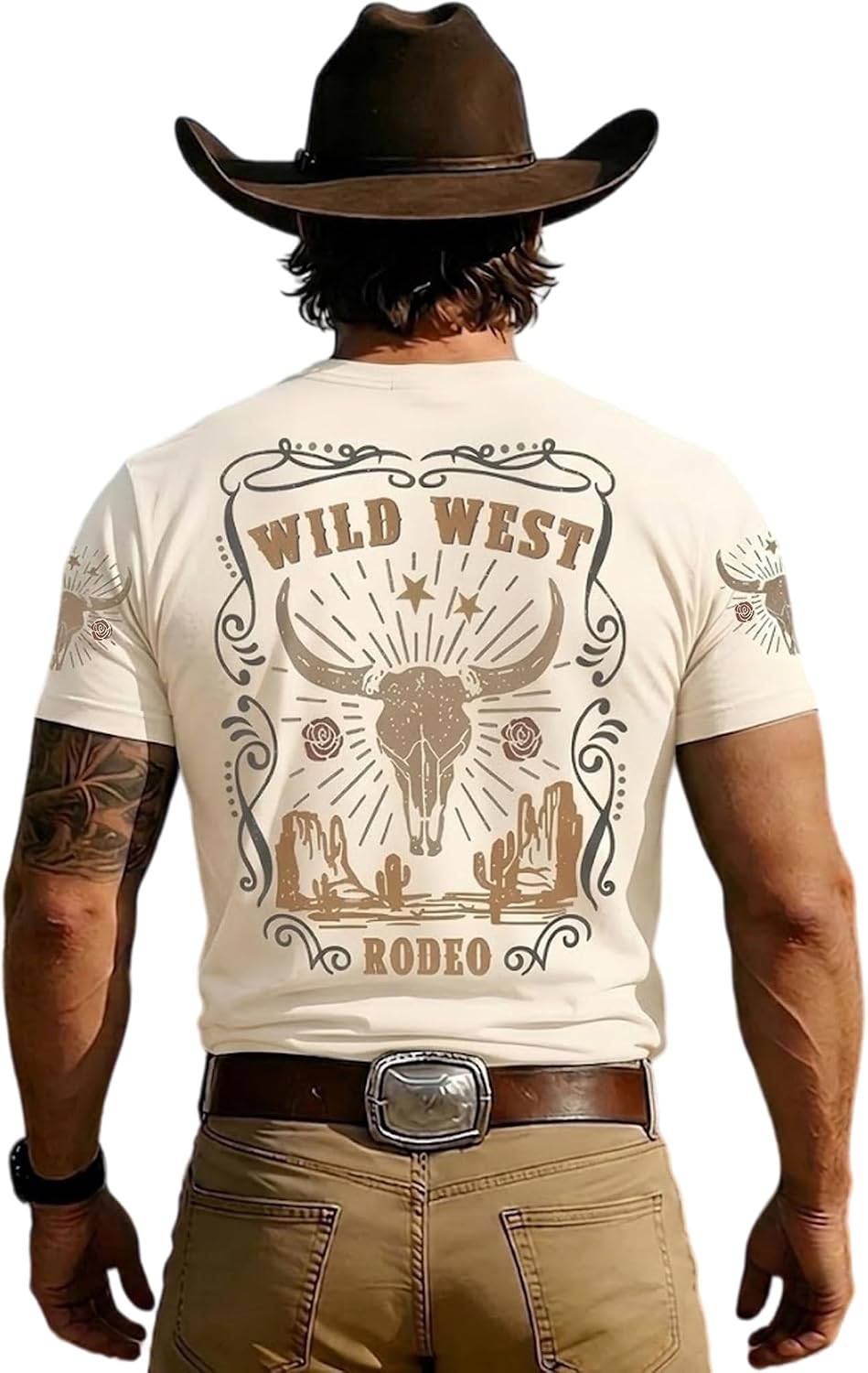 Wild West Shirt Men's & Women Rodeo Western Bull Skull Graphic Short Sleeve Tee Retro Cowboy Desert Landscape Casual Top -