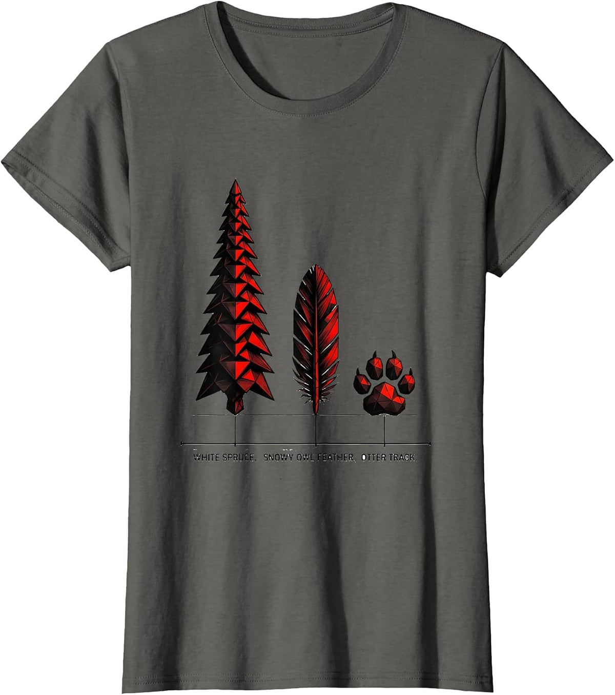 Women's White Spruce Snowy Owl Feather Otter Track Vintage Forest T-Shirt - Asphalt Grey