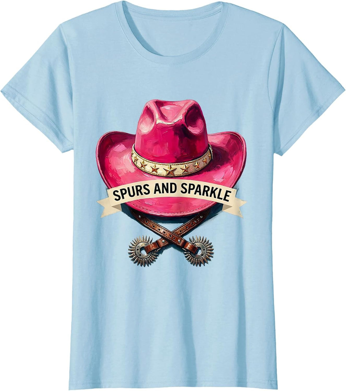 Women's Spurs and Sparkle Pink Cowgirl Design T-Shirt - Baby Blue