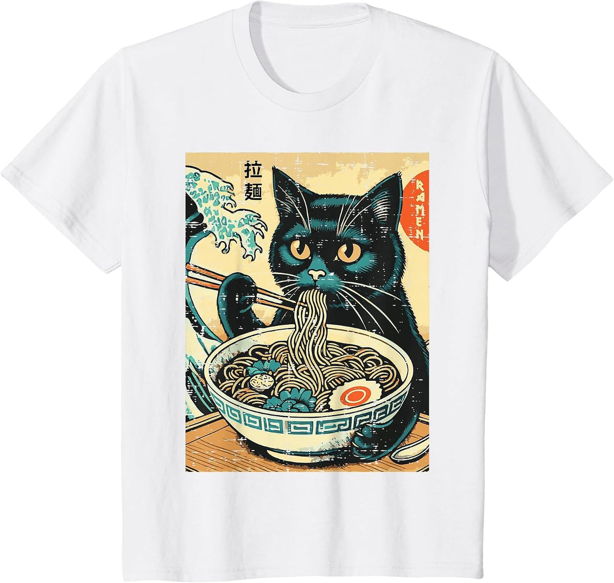 Japanese Cat Ramen Great Wave Vintage Art Food Men Women Kid T-Shirt - White