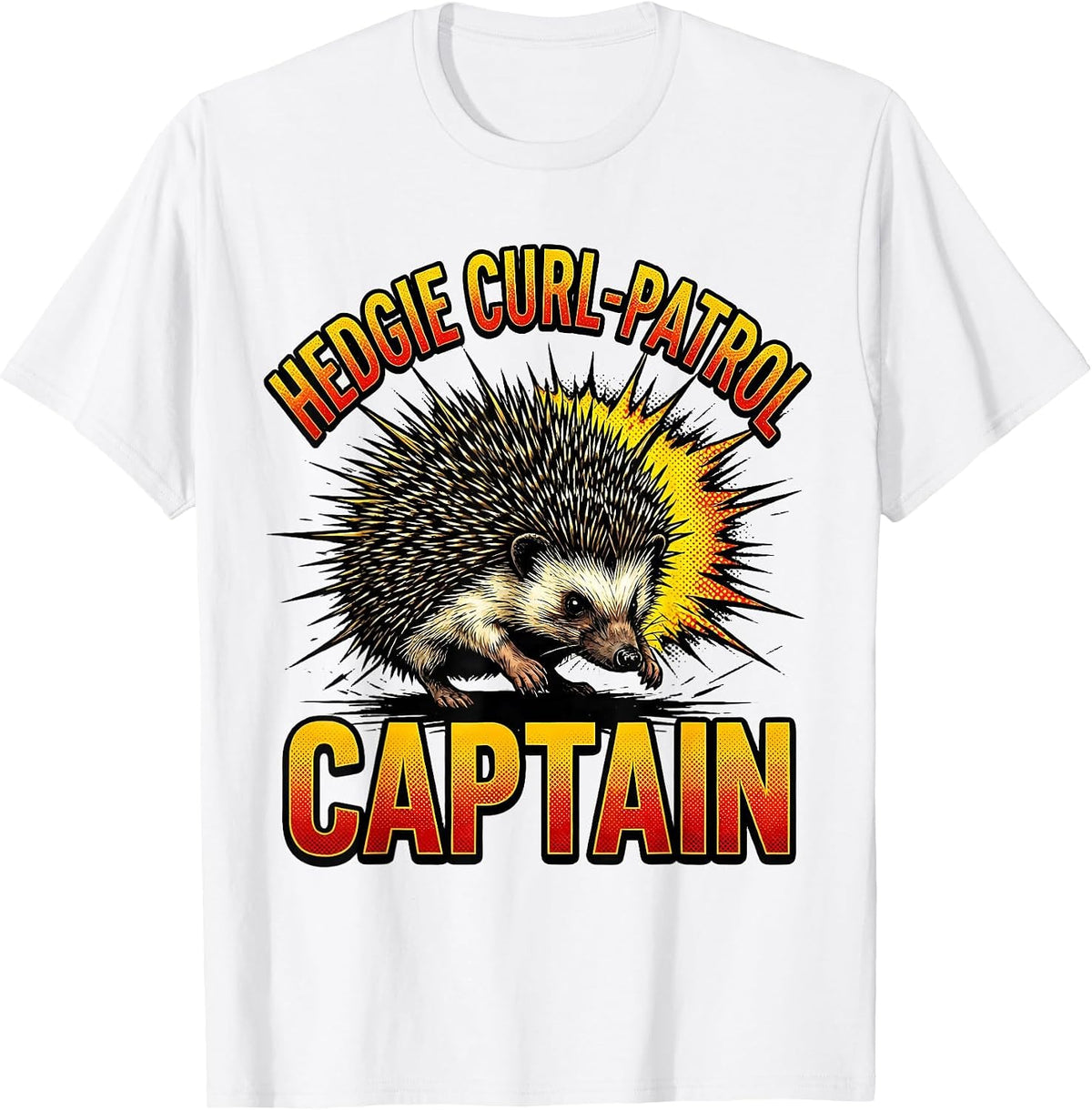 Men's Hedgie Curl-Patrol Captain Cute Cartoon Hedgehog Lover Humor T-Shirt - White