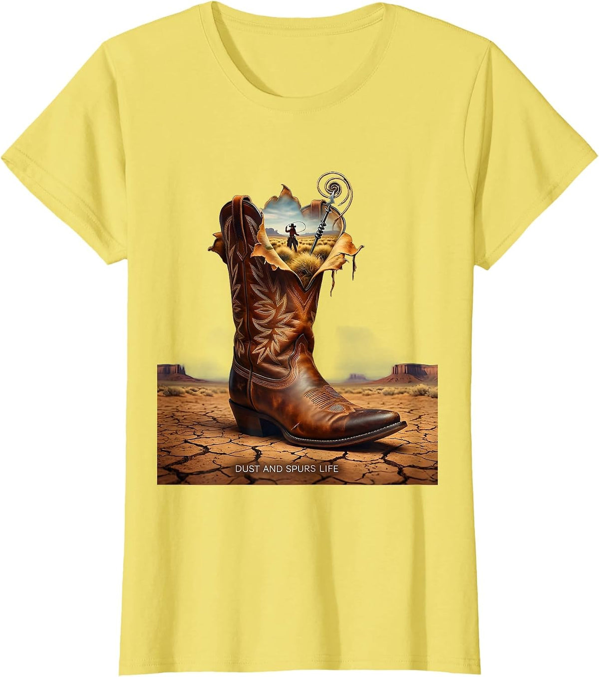 Dust and Spurs Life Cowgirl Graphic Design T-Shirt - Lemon Yellow