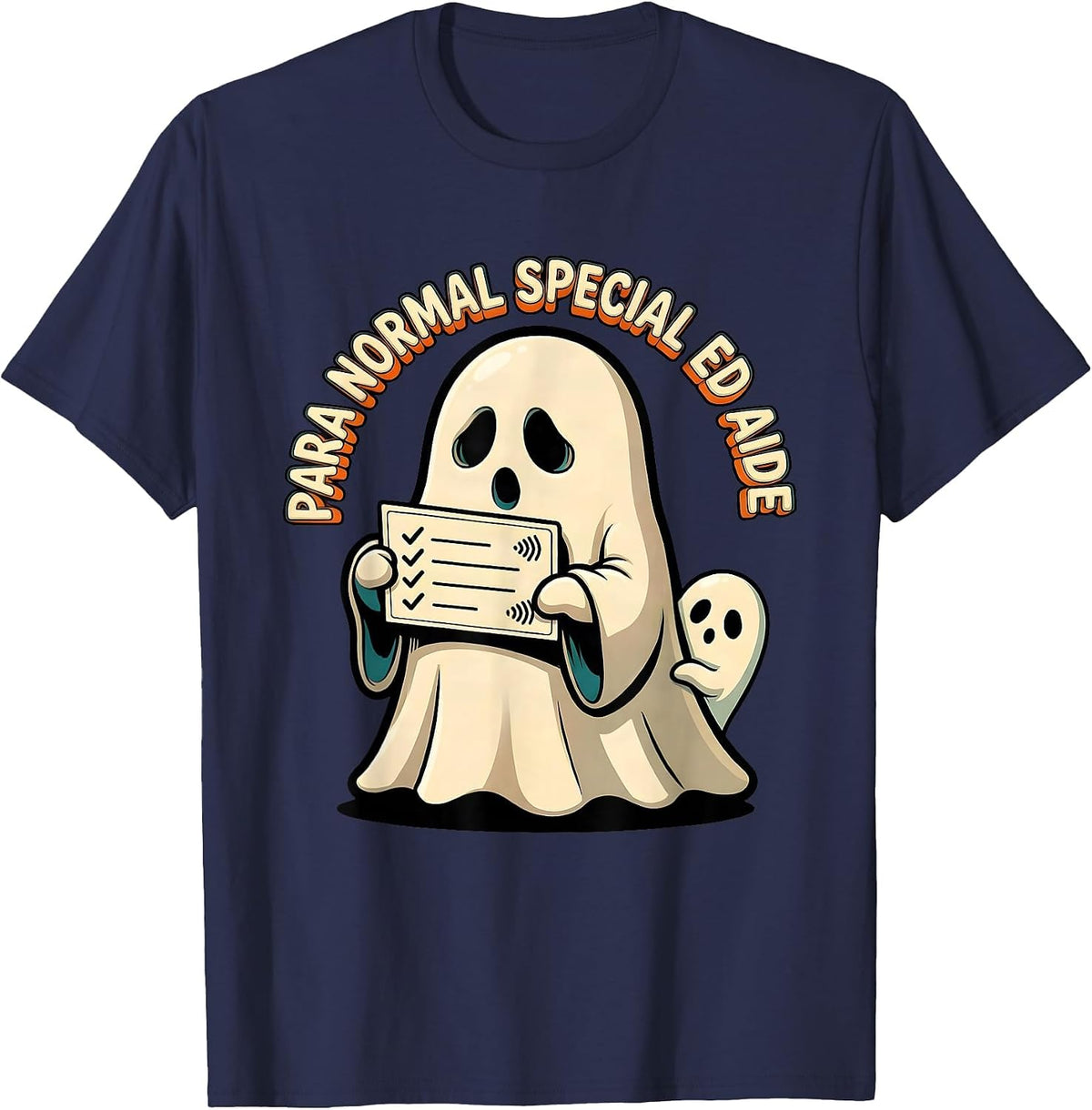 Para Normal Special Ed Aide Cartoon Ghost Halloween Teacher T-Shirt - Navy Blue
