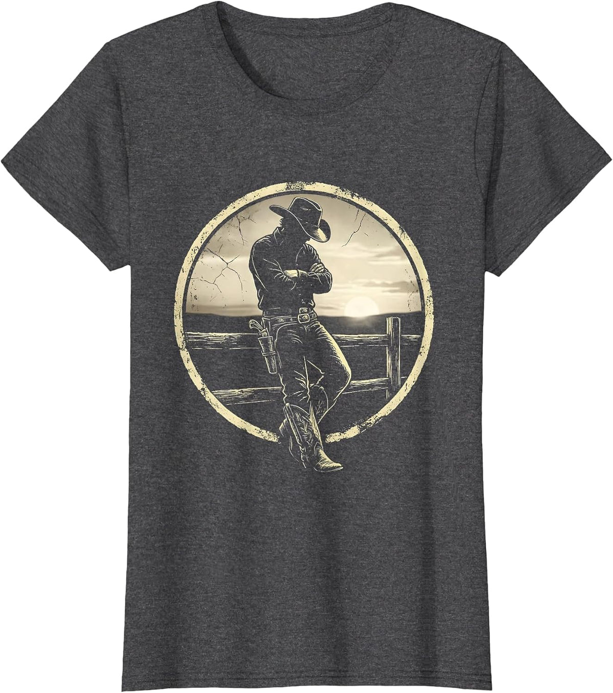 Women's Cowboy at Dusk Leaning on Fence Illustration T-Shirt - Dark Heather Grey