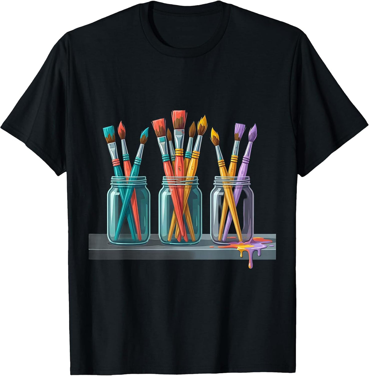 Men's Paint Jar Overflow Artist Humor Studio Wear T-Shirt - Black