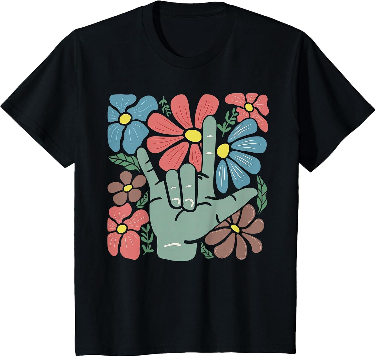 ASL I Love You Boho Floral Sign Language SLP Therapist T-Shirt - Black