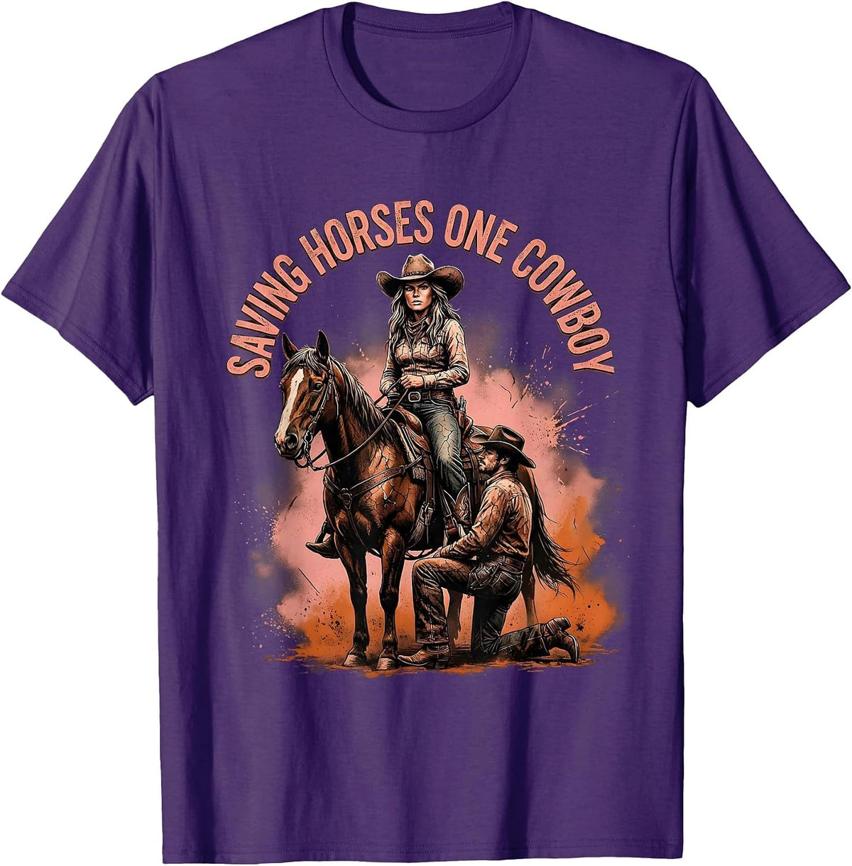 Saving Horses One Cowboy Western Humor Design T-Shirt - Purple