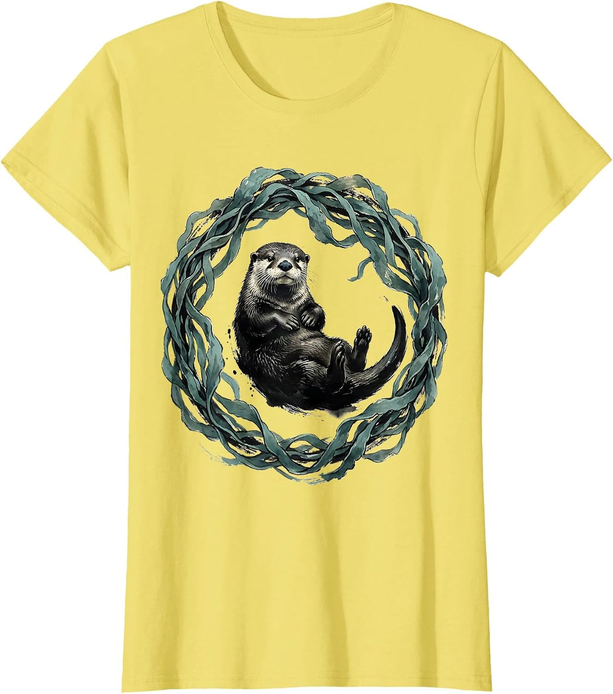 Kelp Wrapped Otter Underwater Ocean Art T-Shirt - Lemon Yellow